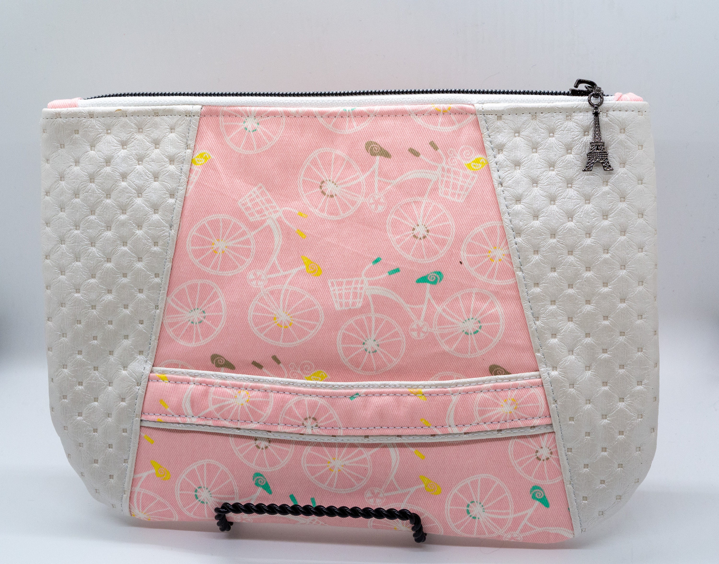 Paris Bicycle Print Wristlet Clutch: Faux Leather Travel Purse