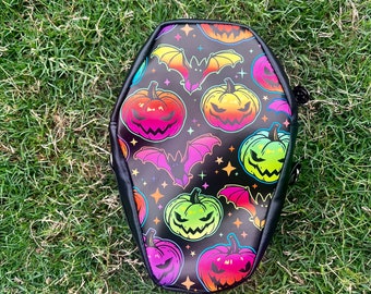 Neon Pumpkin Bats Coffin Crossbody Bag, Vinyl Coffin Handbag Purse