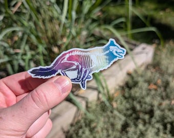 May include: A colorful sticker of a wolf skeleton running. The sticker is transparent and has a rainbow gradient.