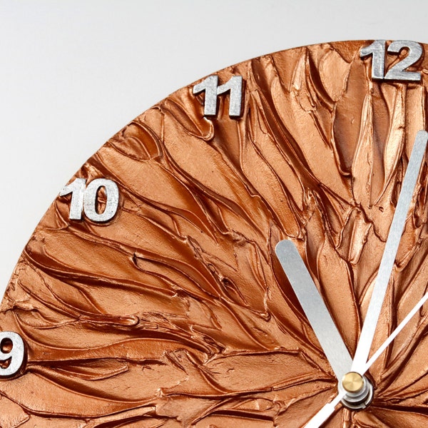 COPPER color WALL CLOCK, copper and silver original painting clock office decor unique wall clock with numbers sun clock man cave