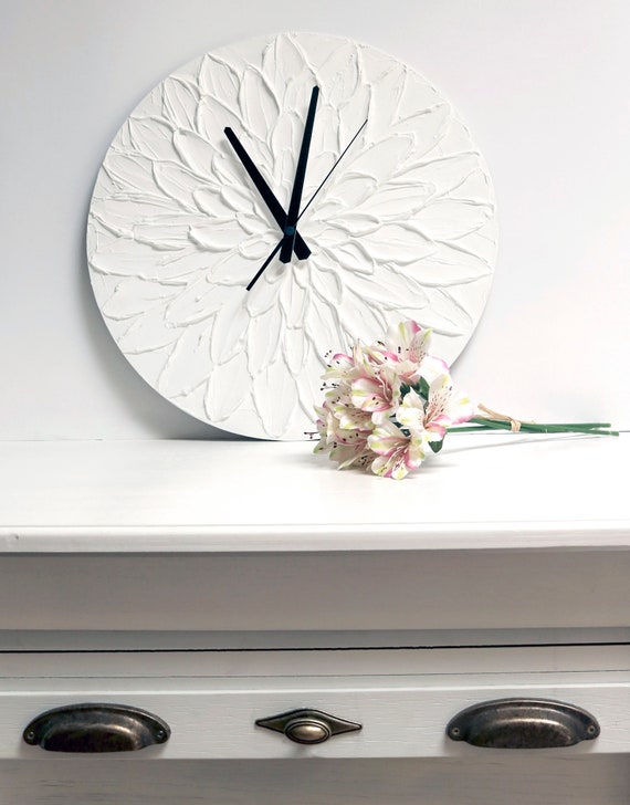 White Flower Decor Clock Large Wall Wedding Gift - White Wall Clocks Large White Flower Decor Clock Large Wall Wedding Gift - White Wall Clocks Large