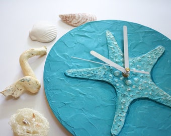 Starfish Clock Beach house Wall clock Turquoise  blue unique clock, turquoise home decor, blue modern office decor, hand painted