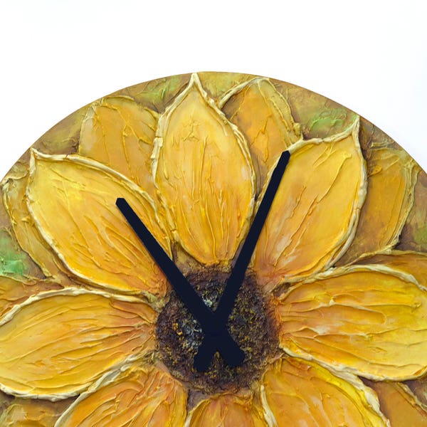 Décor de tournesol Peinture originale Grande HORLOGE MURALE TOURNESOL Design moderne unique Peinture de tournesol horloge orange jaune décor à la maison