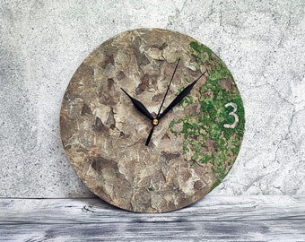 RUSTIC Wall CLOCK, moss wall clock, green lichen and stone effect wall decor, OOAK