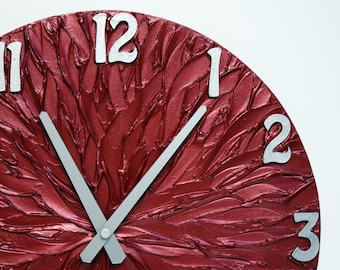 BURGUNDY red WALL CLOCK, reloj único, reloj de pared moderno, reloj rojo metálico
