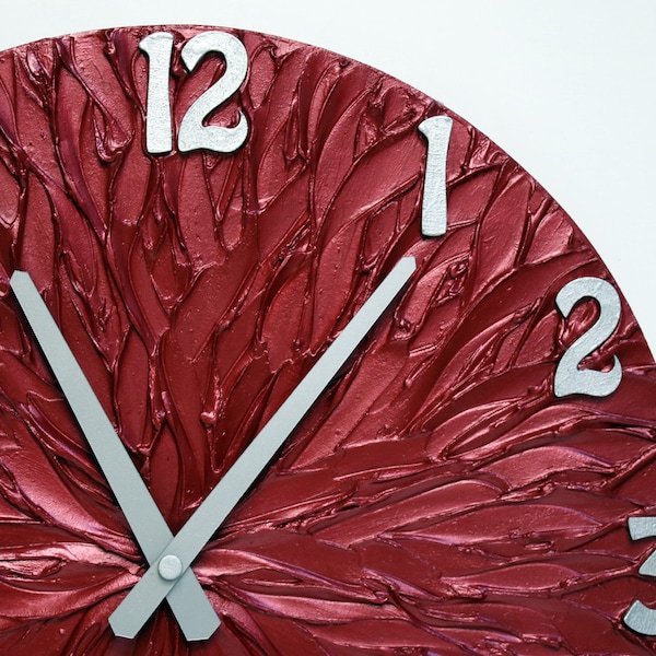 BURGUNDY RED WALL CLOCK, Horloge unique, Horloge murale moderne, horloge rouge métallique