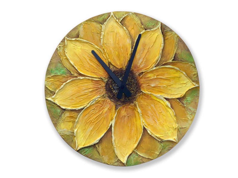 Sunflower Decor Original Painting Large WALL CLOCK SUNFLOWER Unique modern design Sunflower painting clock orange yellow home decor image 2