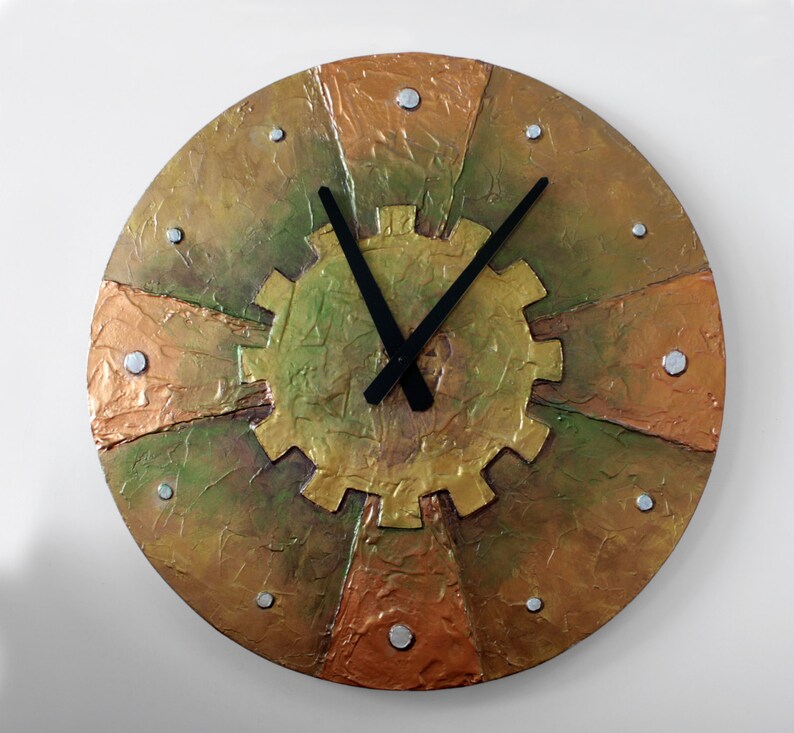 Original Painting Large Steampunk Wall Clock Unique Copper Industrial Home Decor Man Cave