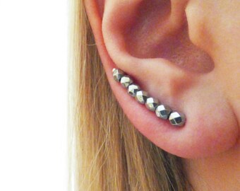Beaded ear cuffs ~ Silver earrings ~ Hematite ear cuffs ~ Unique earrings ~ Modern jewelry ~ Ear climbers ~ Ear crwalers ~ Silver ear pins