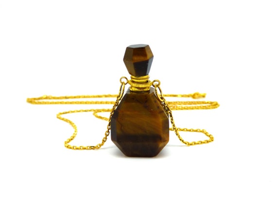 Tiger's eye bottle necklace ~ Long bottle necklace ~ Gold plated silver chain ~ Unique necklace ~ Perfum bottle ~ Essential oil bottle