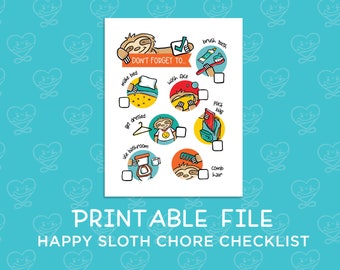 Kids Printable Chore Checklist, Sloth Art, To Do, Chores, Digital Download