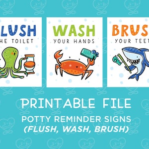 Set of 3 Printables - Bathroom Reminders / Sea Theme / Flush the toilet, Wash your hands, Brush your teeth / Instant Download