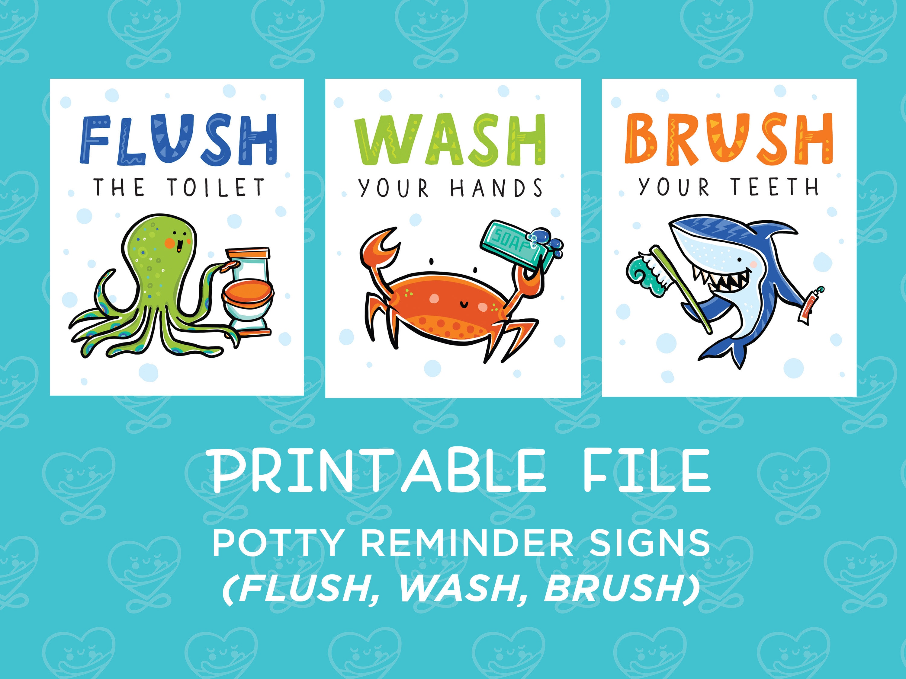 Set of 3 Printables - Bathroom Reminders / Sea Theme / Flush the