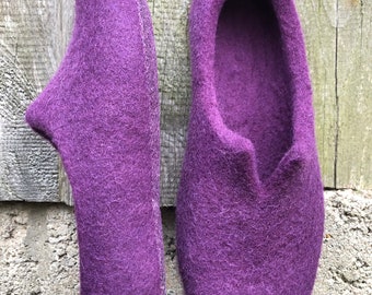 Woman bright amethyst purple wool felted slippers, handmade house clogs with latex or rubber soles, joyful gift for mom