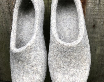 Natural wool felted woman slippers, handmade light gray barefoot clogs, boiled wool slippers clogs, comfy ecofriendly footwear for her