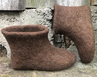 Hand felted natural brown wool ankle boots, woman handmade woolen high booty slippers