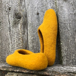Hand felted yellow wool woman slippers, washable woolen clogs with latex or rubber soles, handmade home shoes for her