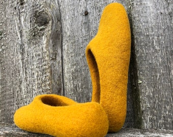 Hand felted yellow wool woman slippers, washable woolen clogs with latex or rubber soles, handmade home shoes for her