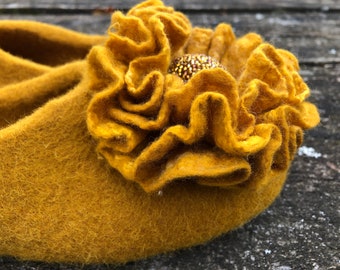 Yellow saffron wool felted slippers with embroidered flowers handmade woolen clogs, special Christmas gift for woman, surprise gift for her