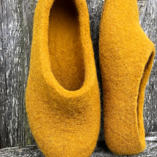 Yellow wool felted slippers for woman, hand felted warm home shoes felt wool footwear eco friendly wool slippers, natural wool felt clogs