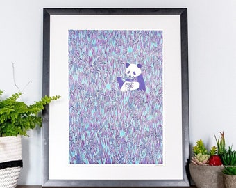 Panda Risograph Print - Forest Animal Print, Panda Art, Exotic Animal Illustration, Botanical Print, Nursery Wall Art