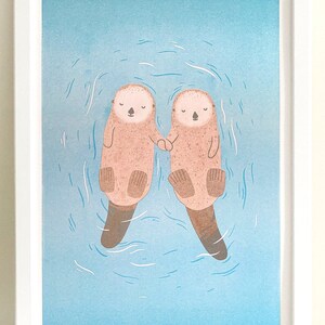 Sea Otters Risograph Print - Sea Life Illustration, Cute Ocean Animal, Wildlife Art, Animal Lover Print, Nursery Wall Art, Gift for Couples
