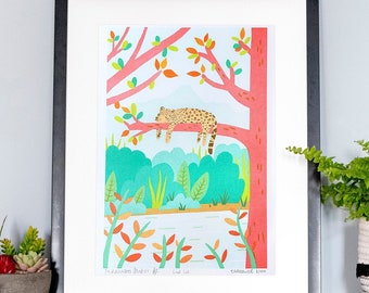 Cool Cat Risograph Print - Fernandes Makes Collaboration - Jungle Illustration, Jaguar Print, Cute Animal Art, Riso Print, Nursery Decor