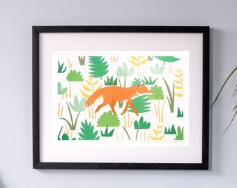 Fox Risograph Print - Bright Colourful Fox Riso Print, Woodland Animal Illustration, Colourful Wall Art, Nursery Decor