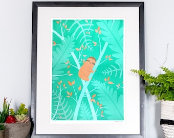 Sleepy Sloth Risograph Print - Animal Illustration, Sloth Print, Jungle Animal Print, Nursery Wall Art, Nature Decor, Green Print, Riso