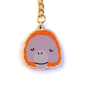 Happy Orangutan Wooden Key Ring - Illustrated Animal Keychain, Cute Jungle Animal, Funny Accessory For Animal Lovers, Eco-friendly, Charm