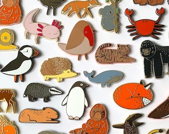 Animal Pins - Mix and Match 3 or 5 Pins - Hard Enamel Pins, Woodland Animals, Jungle Animals, Bird Pins, Plastic Free Packaging