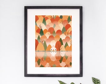 Autumn Lodge Giclee Print - Forest Print, Autumn Trees Art, Autumnal Home Decor, Art Print, Woodland Illustration, Lake Print