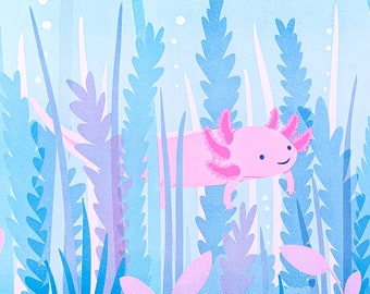 Axolotl Risograph Print - Large A3 Size Blue Version - Animal Illustration, Illustrated Axolotl Print, Bright Pink, Nursery Wall Art, Nature