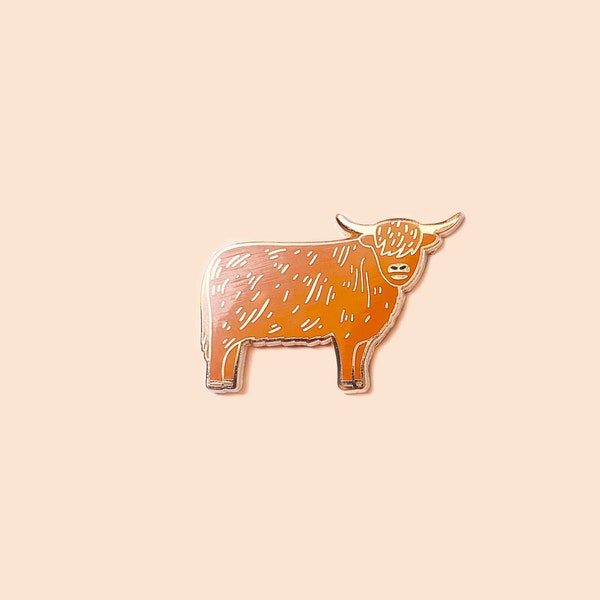 Highland Cow Enamel Pin - Cute Animal Pin, Hard Enamel Pin, Cow Illustration,  Lapel Pin Badge, Cattle, Farm Animal, Brown Coloured Pin