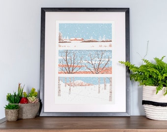 Winter Snow Giclee Print - Snowy Scene Giclee Print, Landscape Illustration, Colourful Scenic Wall Art