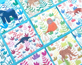 Forest Animals Postcard Set - 40% goes to WWF Charity - Square Mini Print Pack, Jungle Animal Illustration, Wildlife Cards, Nursery Prints