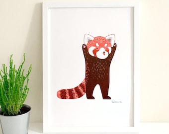 Cheeky Red Pandas Risograph Print - Animal Illustration, Standing Red Panda Print, Jungle Animal Print, Nursery Wall Art, Nature Decor