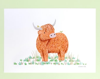 Highland Cow and Friends - Risograph Print - A4 Size