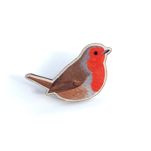 Robin Épingle en bois - Contreplaqué de bouleau d’origine responsable - Insigne d’épinglette d’animal, petit oiseau coloré, broche d’animal, épinglette, cadeau de la nature