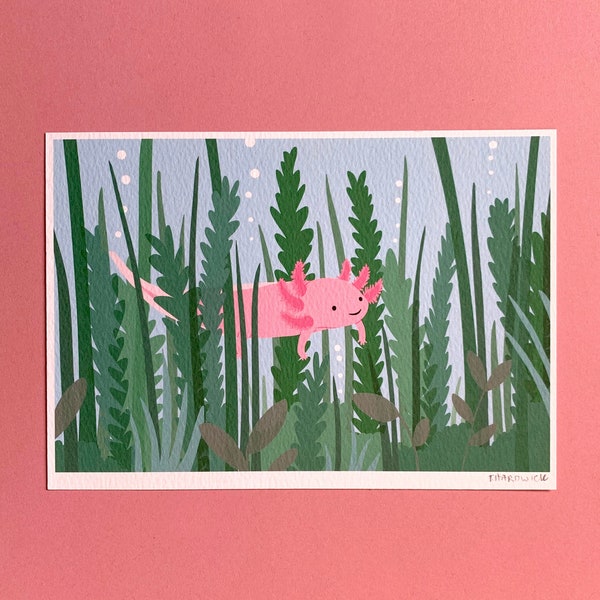 Axolotl Mini Print - Axolotl Illustration, Colourful Pink Animal Art, Pink Home Decor, Cute Nursery Print, Small Print, A5 Size