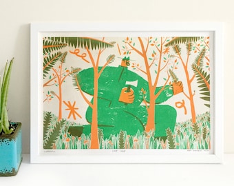 Chop Chop - Risograph Print Featuring a Giant Woodcutter, Artist Collaboration, Jungle Illustration, Riso Print, Fun Bold Print