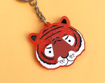 Tiger Acrylic Charm or Keyring - Red Animal Keychain, Cute Jungle Animal, Gift for Kids, Small Children's Accessory, For Tiger Lovers
