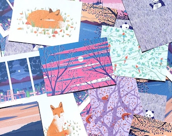 Cartões postais ilustrados - tamanho A6, ilustração animal, pequenas impressões cênicas, decoração para casa, arte paisagística, conjunto de cartões postais, impressões de berçário