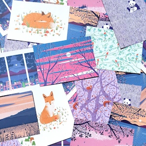 Illustrierte Postkarten - A6-Format, Tierillustrationen, kleine Landschaftsdrucke, Dekoration, Landschaftskunst, Postkartenset, Kinderzimmerdrucke