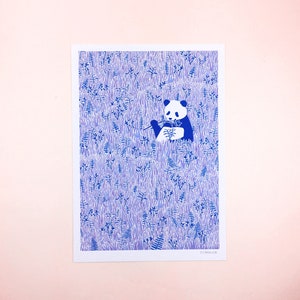 Panda in the Grass Mini Print - Panda Illustration, Animal Art, Blue Home Decor, Cute Nursery Print, Jungle Animal