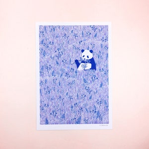 Panda in the Grass Mini Print Panda Illustration, Animal Art, Blue Home Decor, Cute Nursery Print, Jungle Animal image 1