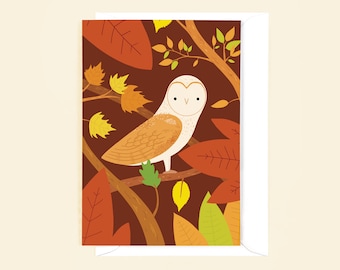 Barn Owl Greetings Card - Autumn Trees, Bird Illustration, Woodland Scene, Forest Illustration, Blank Inside for Your Personal Messages