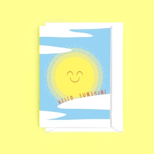 Tarjeta de felicitación ilustrada Hello Sunshine: feliz, positiva, soleada, cielo azul, para él o para ella, interior en blanco para mensaje personal