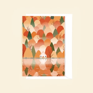 Carte de voeux Autumn Lodge - arbres d'automne, cabane au bord du lac, feuilles d'automne, illustration de la forêt, intérieur vierge pour vos messages personnels