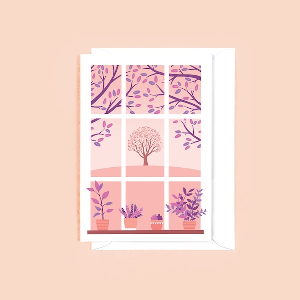 Window Scene Greetings Card - Pink Illustrated Card with Houseplants and Trees, Window View, Blank Inside for Your Personal Messages